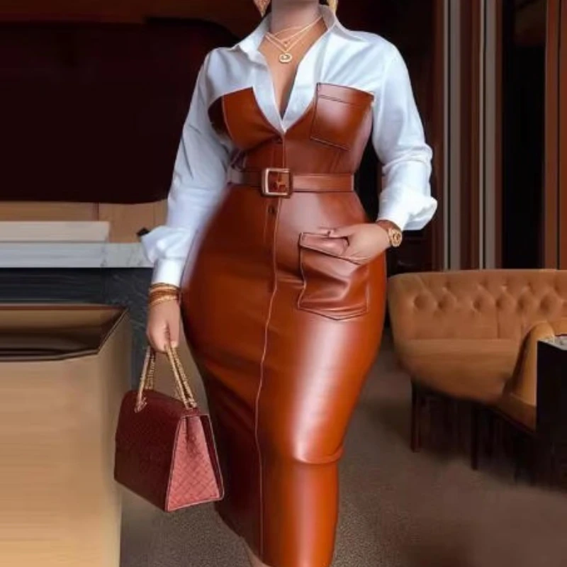 Women's Shirt Collar Dresses Autumn 2025 Buttons Long Sleeve PU Leather Patchwork Pocket Skinny Belted Lapel Female Midi Dress
Women's Shirt Collar Dresses Autumn 2025 Buttons Long Sleeve PU Leather Patchwork Pocket Skinny Belted Lapel Female Midi Dress