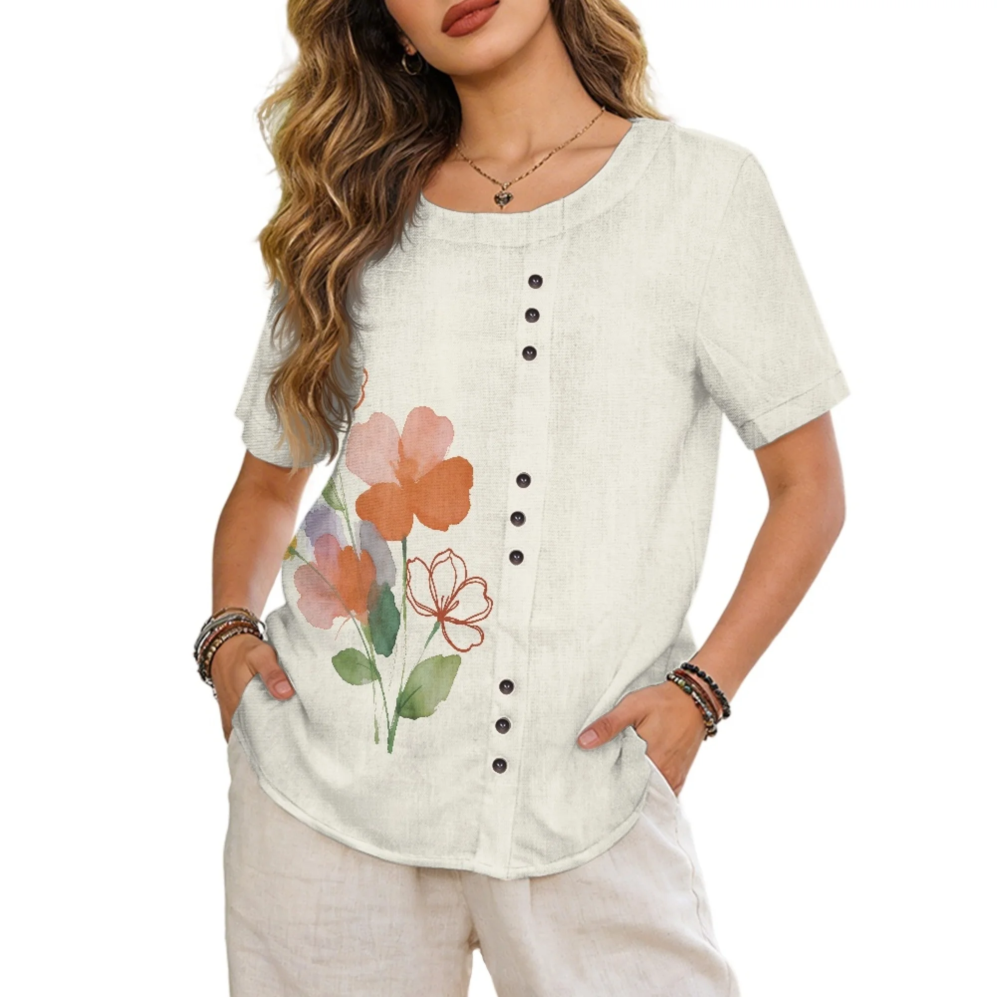 INSTANTARTS Women's Linen Short-Sleeved Shirt Simple Flower Ladies Summer Short Sleeve Tops Vacation Comfy Short Sleeve Blouses
INSTANTARTS Women's Linen Short-Sleeved Shirt Simple Flower Ladies Summer Short Sleeve Tops Vacation Comfy Short Sleeve Blouses