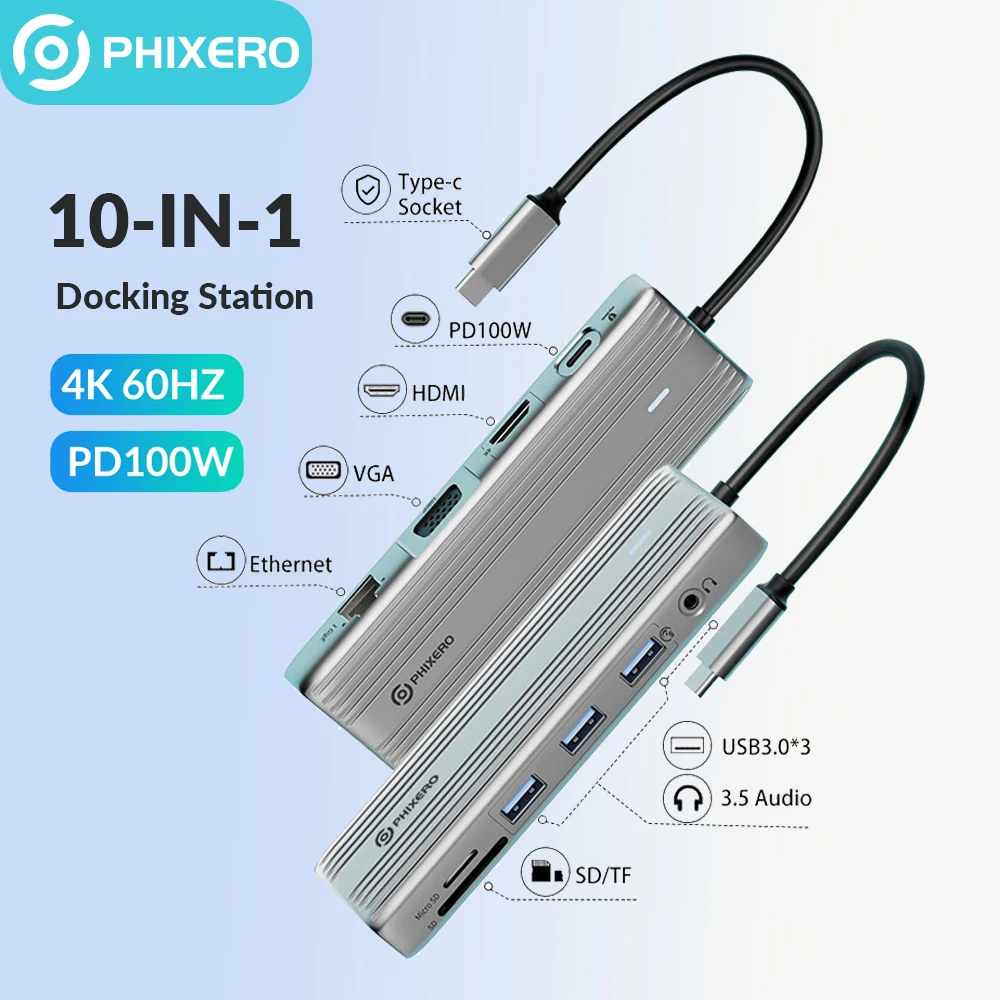 PHIXERO USB HUB 4K HDMI Adapter 10 in 1 USB C to RJ45 USB 3.0 PD 100W Dock for MacBook Pro Air USB-C Type C 3.1 Splitter USB C
PHIXERO USB HUB 4K HDMI Adapter 10 in 1 USB C to RJ45 USB 3.0 PD 100W Dock for MacBook Pro Air USB-C Type C 3.1 Splitter USB C