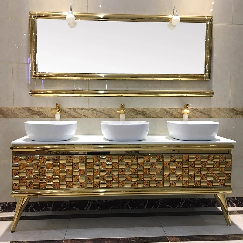 Golden bathroom cabinet combination stainless steel European hotel villa bathroom cabinet three basins washbasin
Golden bathroom cabinet combination stainless steel European hotel villa bathroom cabinet three basins washbasin