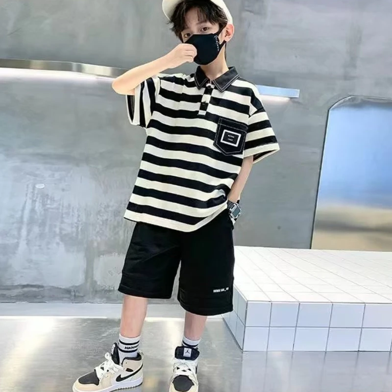 Summer Children Boy Clothes Set Kid Lapel Stripe T-shirts & Shorts 2pcs Suit Teenage Short Sleeve Top Bottom Outfits Tracksuit
Summer Children Boy Clothes Set Kid Lapel Stripe T-shirts & Shorts 2pcs Suit Teenage Short Sleeve Top Bottom Outfits Tracksuit