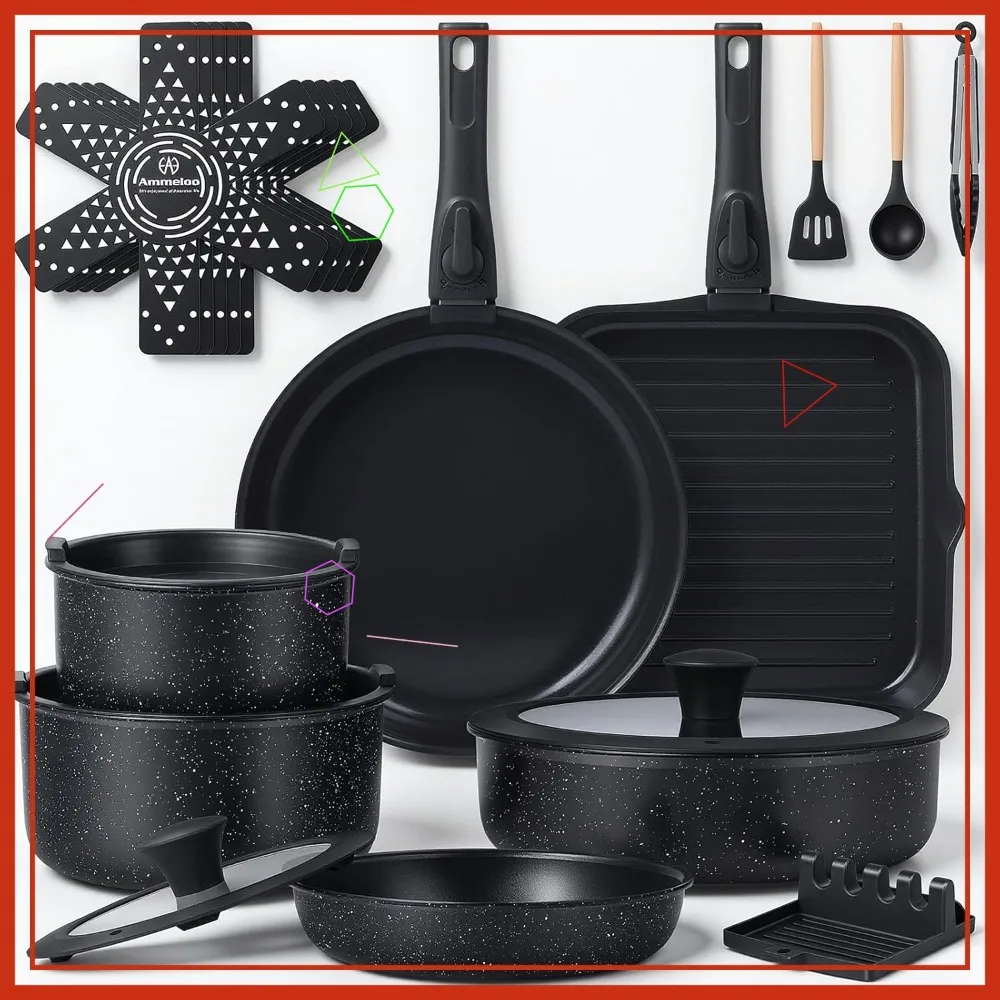 21 Pcs Nonstick Pots and Pans Set with Detachable Handle, Induction Cookware Set for RVs Camping Oven Safe Black
21 Pcs Nonstick Pots and Pans Set with Detachable Handle, Induction Cookware Set for RVs Camping Oven Safe Black