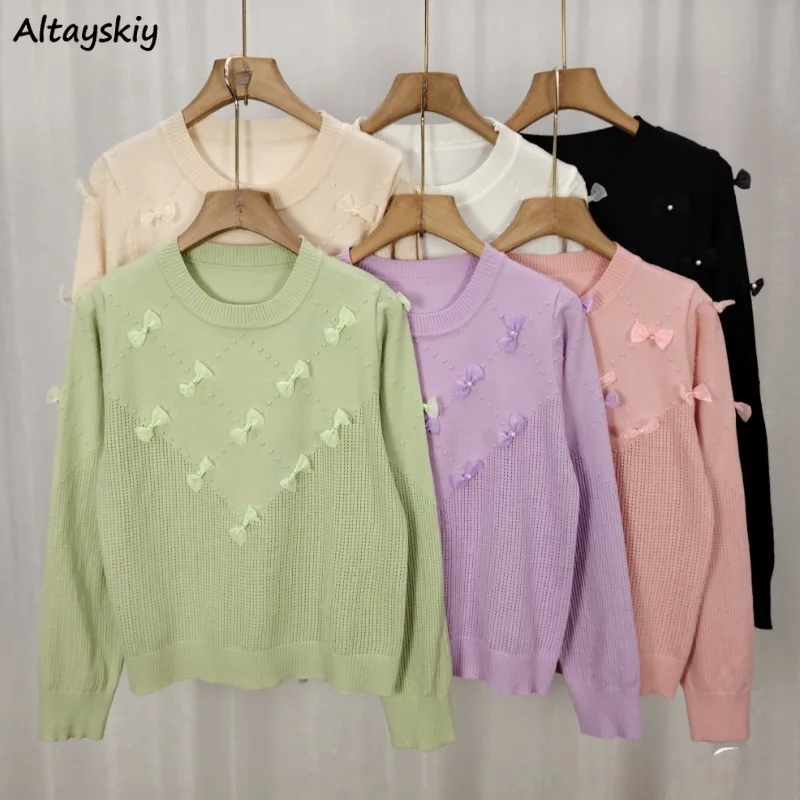 Pullovers for Women Bow Design Minimalist O-neck Spring Autumn Clothing Korean Style Fit Loose Knitted Sweet Cool Girls Fashion
Pullovers for Women Bow Design Minimalist O-neck Spring Autumn Clothing Korean Style Fit Loose Knitted Sweet Cool Girls Fashion