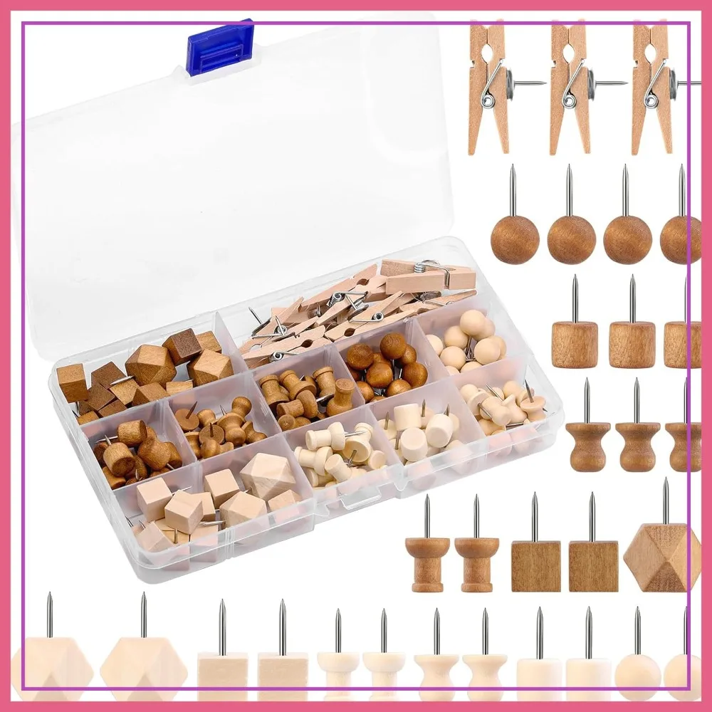 114 Pcs Wood Push Pins, 2 Colors 7 Types Decorative Thumb Tacks for Bulletin Boards, Craft Projects with Storage Box
114 Pcs Wood Push Pins, 2 Colors 7 Types Decorative Thumb Tacks for Bulletin Boards, Craft Projects with Storage Box