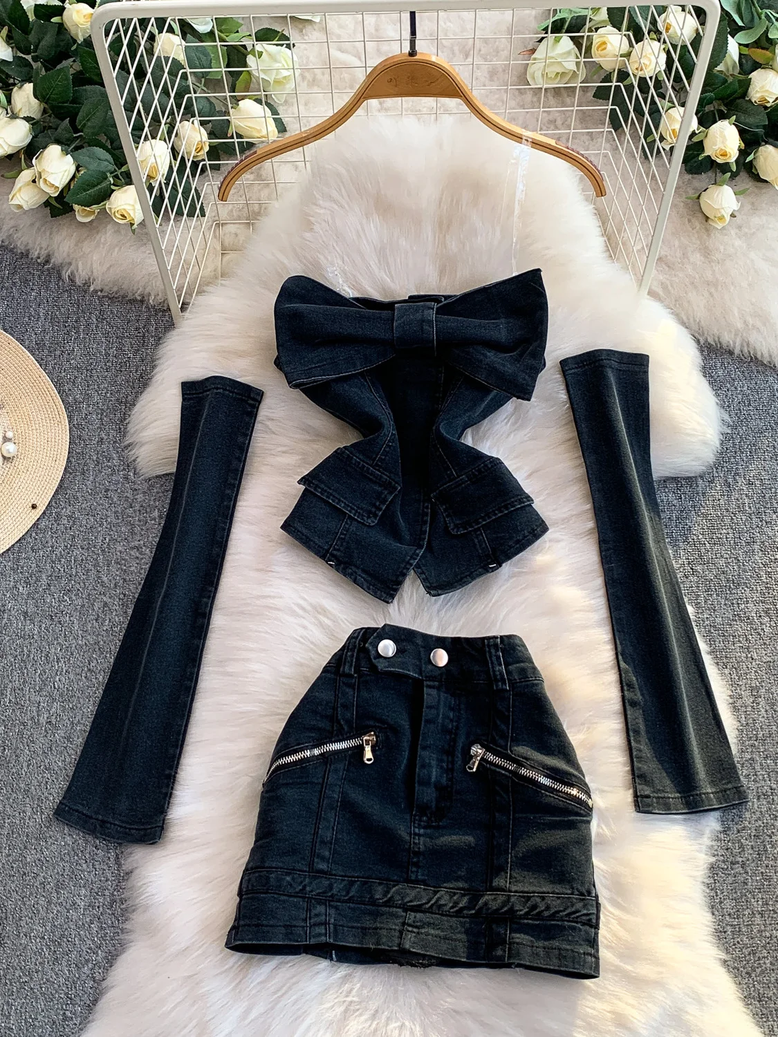 Retro American Hot Girl Knot Denim One oulder Strap Long Sve Vest Slimming ort Skirt Set Faionable Ensemble
Retro American Hot Girl Knot Denim One oulder Strap Long Sve Vest Slimming ort Skirt Set Faionable Ensemble