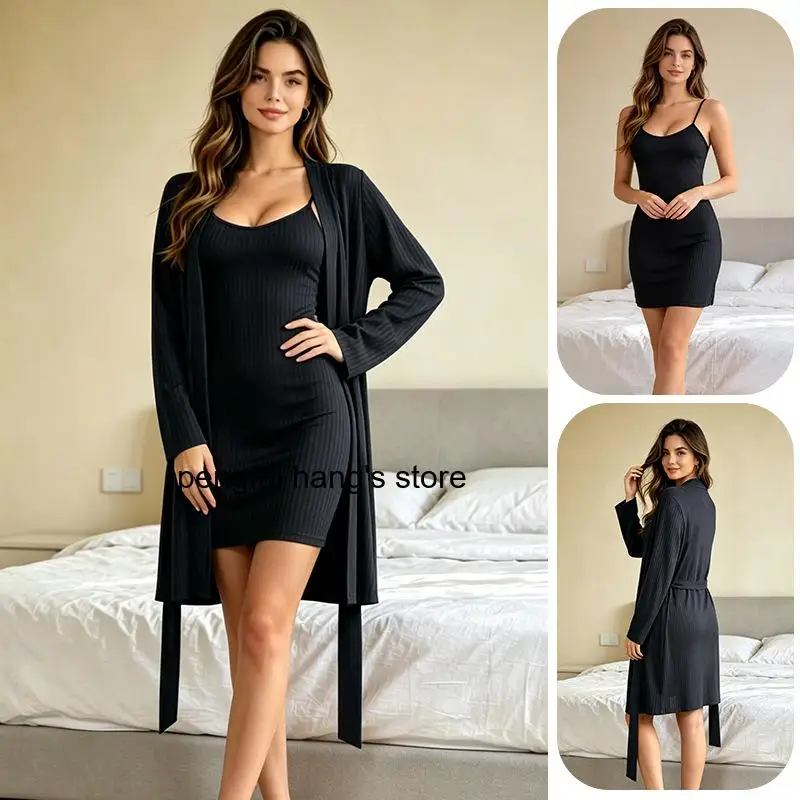 Women Simple Sexy Ribbed Robe Set Spaghetti Strap Bodycon Slip Dress Two-Piece Pajama Set Soft Home Loungewear Sleepwear Suit
Women Simple Sexy Ribbed Robe Set Spaghetti Strap Bodycon Slip Dress Two-Piece Pajama Set Soft Home Loungewear Sleepwear Suit