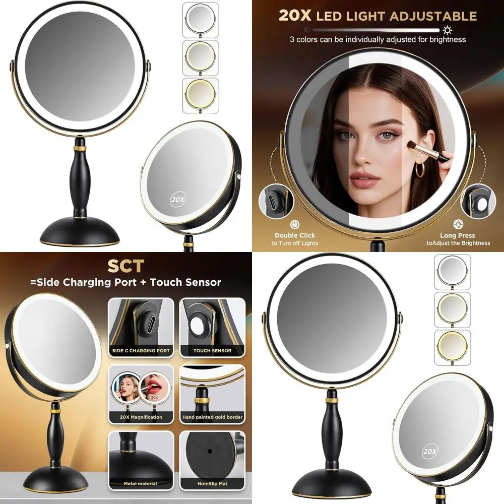 Double-Sided LED Makeup Mirror with 20x Magnification, Adjustable 3-Color Lighting, Rechargeable, Matte Black & Gold Accents, Mo
Double-Sided LED Makeup Mirror with 20x Magnification, Adjustable 3-Color Lighting, Rechargeable, Matte Black & Gold Accents, Mo