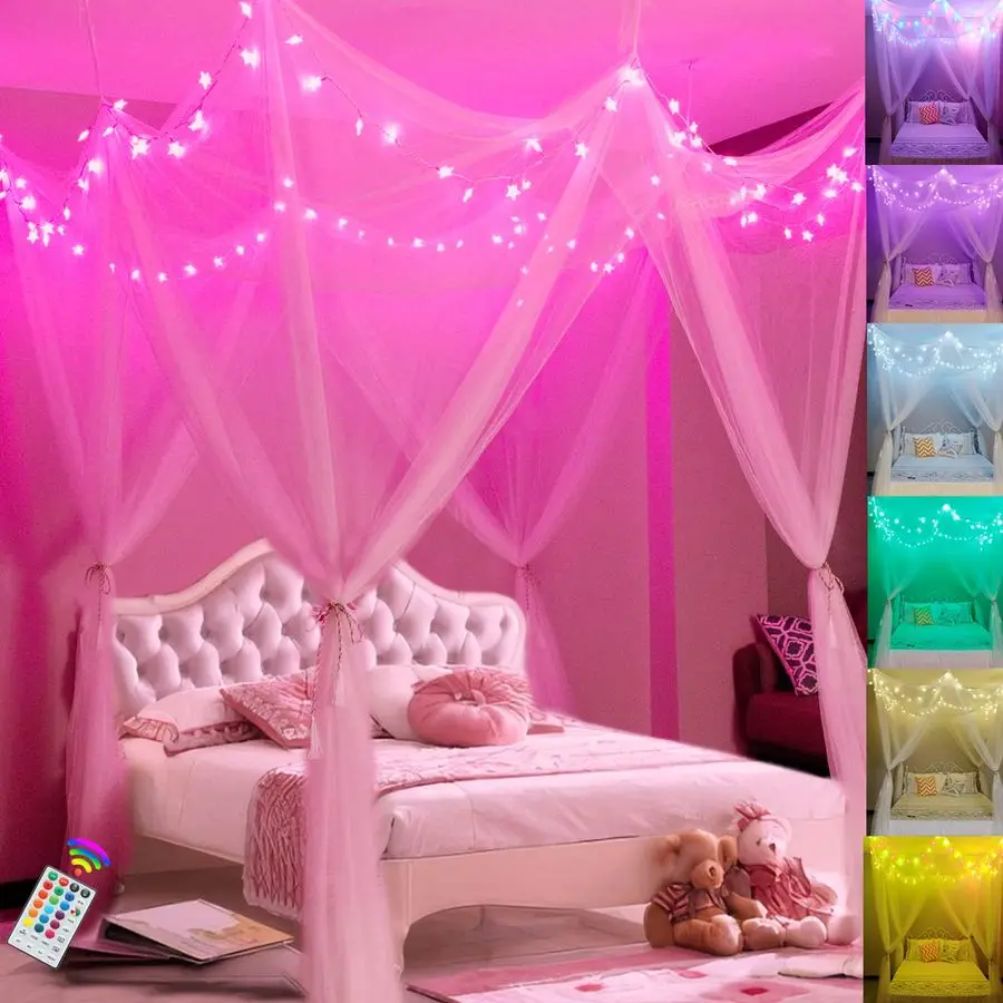 White Bed Canopy with Star Lights for Girls, 8 Corner Post Princess Canopy Bed Curtains with 100 LED Star Lights String Color Ch
White Bed Canopy with Star Lights for Girls, 8 Corner Post Princess Canopy Bed Curtains with 100 LED Star Lights String Color Ch