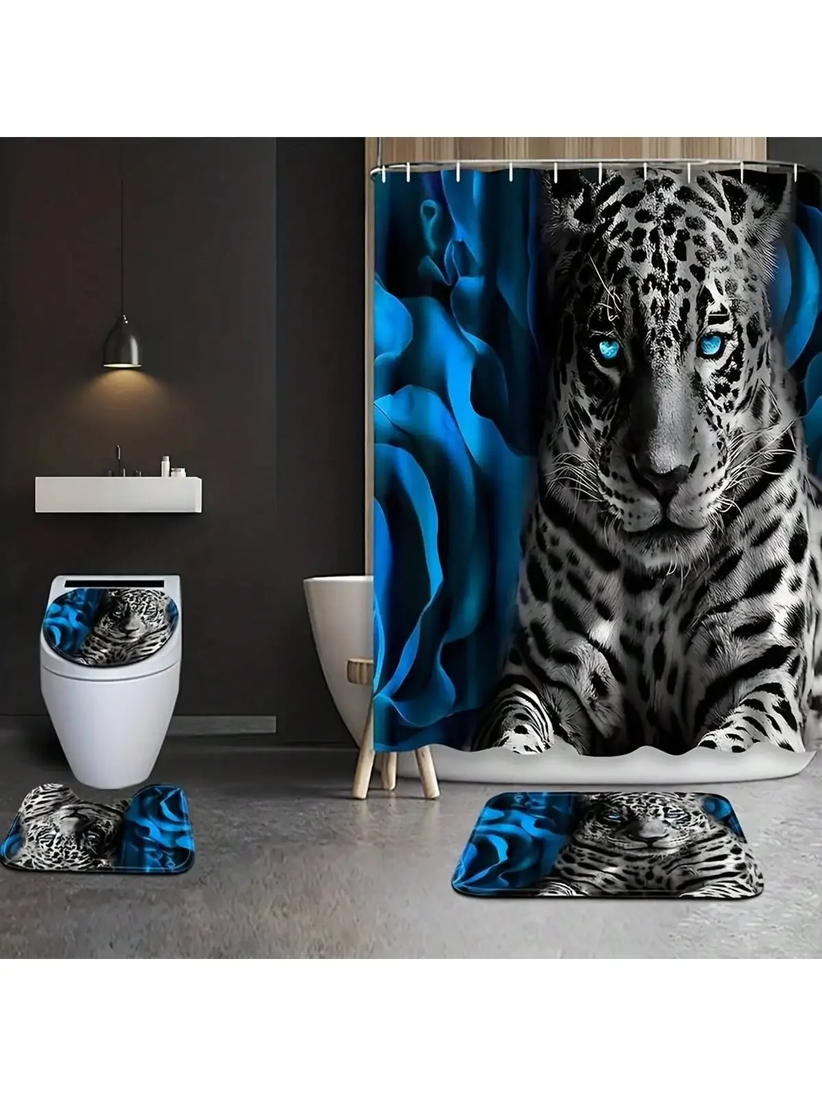 1pc-Elegant Blue Rose & Leopard Shower Curtain Set: Waterproof, Non-Slip, Easy-Care, 4pcs with Hooks
1pc-Elegant Blue Rose & Leopard Shower Curtain Set: Waterproof, Non-Slip, Easy-Care, 4pcs with Hooks