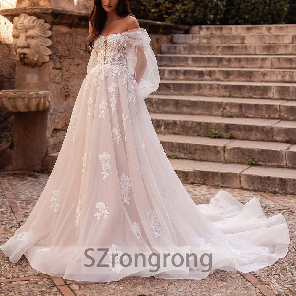 Custom Made Boho Off Shoulder Tulle Lace Wedding Dress Appliques Detachable Sleeve A-line Floor Length Bridal Dress with Court
Custom Made Boho Off Shoulder Tulle Lace Wedding Dress Appliques Detachable Sleeve A-line Floor Length Bridal Dress with Court