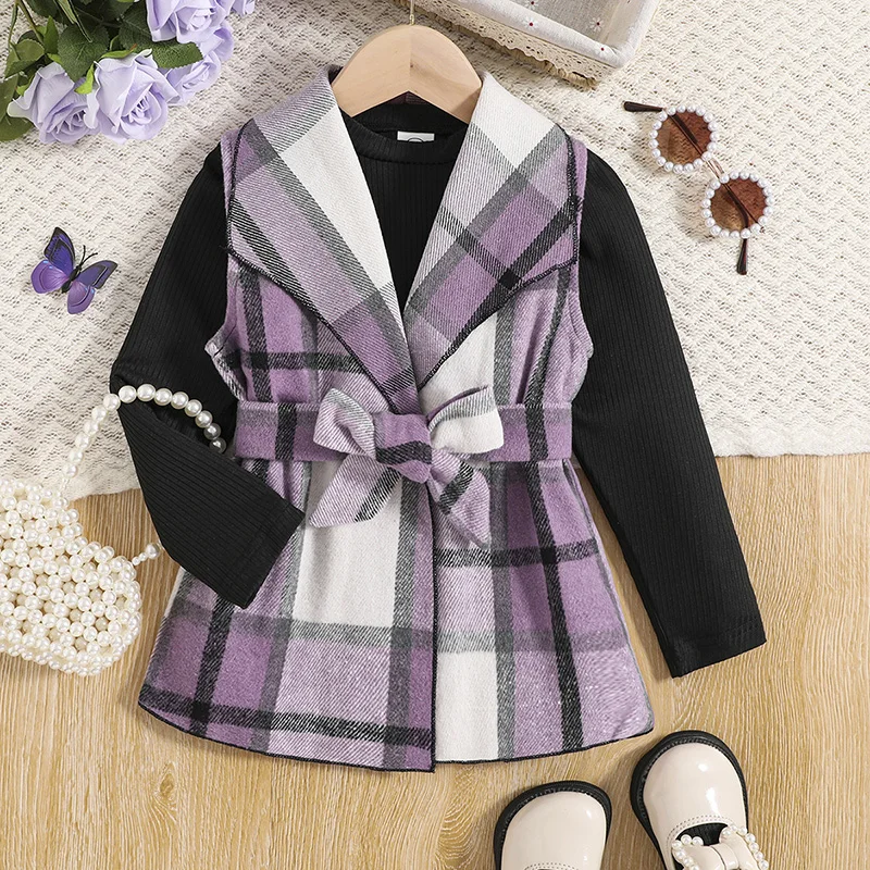 Children Korean Style Suits Autumn Casual Clothes Sets Purple Plaid Sleeveless Waistcoat And Black Knit Base Daily Casual Outfit
Children Korean Style Suits Autumn Casual Clothes Sets Purple Plaid Sleeveless Waistcoat And Black Knit Base Daily Casual Outfit