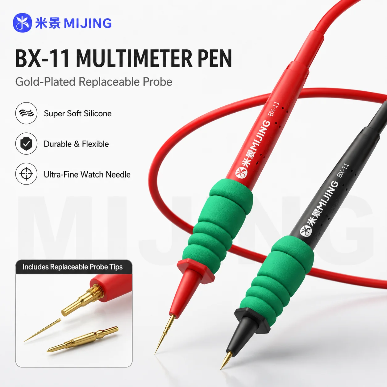 MIJING BX-11 BX-12 Multimeter Test Leads Probe Pen, Gold-Plated Ultra-Fine Replaceable Tips, Soft Silicone Cable, Universal Plug
MIJING BX-11 BX-12 Multimeter Test Leads Probe Pen, Gold-Plated Ultra-Fine Replaceable Tips, Soft Silicone Cable, Universal Plug
