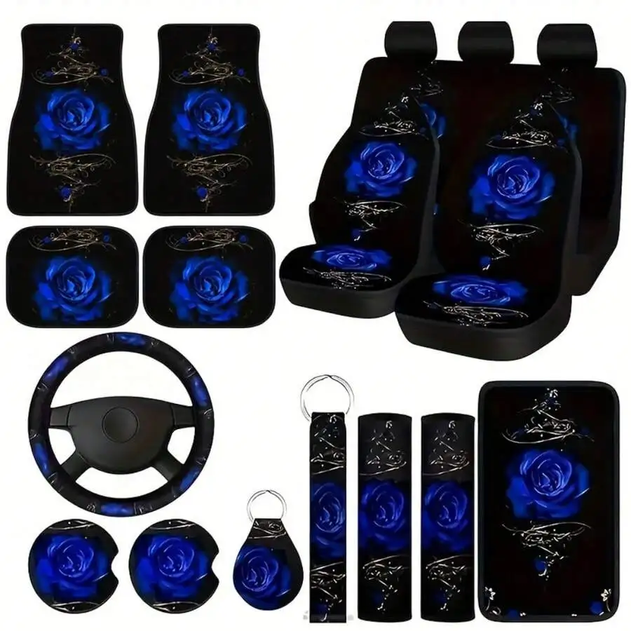 19-Piece Blue Rose Car Interior Set: Seat Covers, Floor Mats, Steering Wheel Cover, Cup Coasters, Armrest & Belt Sleeves
19-Piece Blue Rose Car Interior Set: Seat Covers, Floor Mats, Steering Wheel Cover, Cup Coasters, Armrest & Belt Sleeves