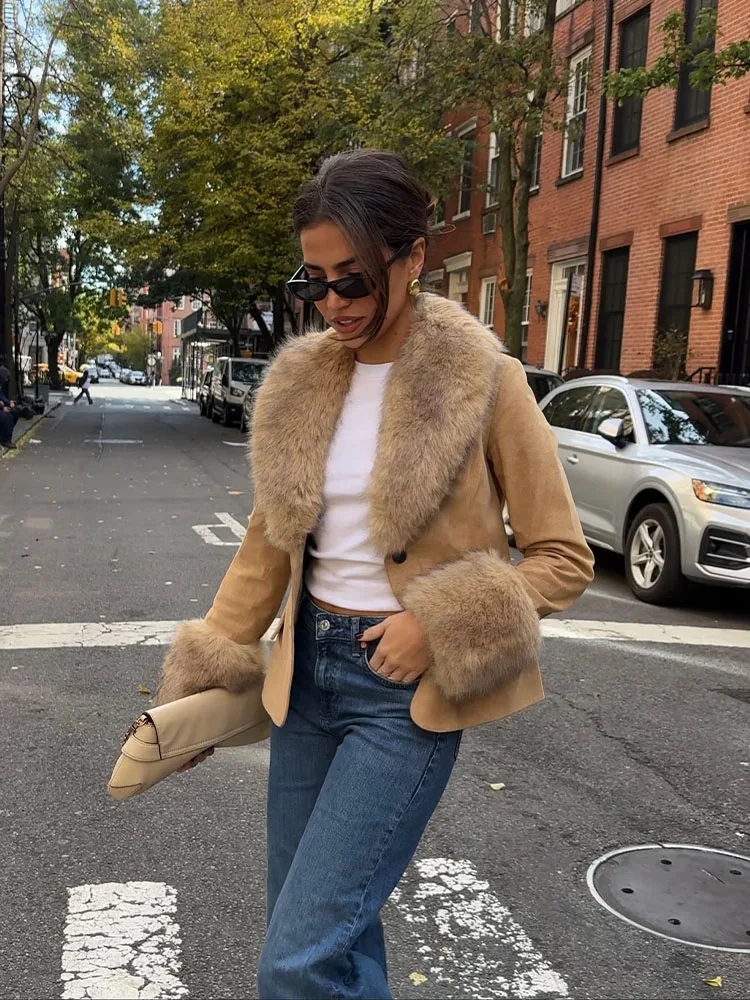 HH Woman Single Breasted Pocket Decoration Long Sleeves Removable Fur Lapels Suede Suit Coat Female Leisure Coat
HH Woman Single Breasted Pocket Decoration Long Sleeves Removable Fur Lapels Suede Suit Coat Female Leisure Coat