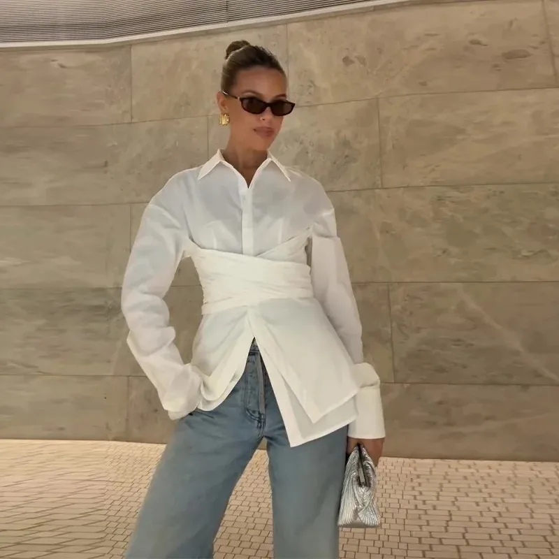 Fashion Cinched Waist Temperament White Shirt Ladies Casual Y2k Long Sleeve Lapel Streetwear Shirt Irregular Spring Office Top
Fashion Cinched Waist Temperament White Shirt Ladies Casual Y2k Long Sleeve Lapel Streetwear Shirt Irregular Spring Office Top