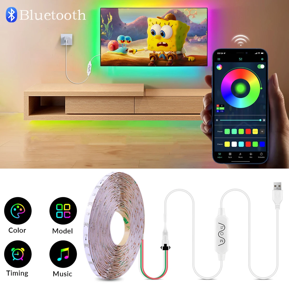 WS2812B LED Strip Light Bluetooth Music Controller DC5V USB Smart Addressable RGB IC DreamColor Ambient Lamp for Car Gaming Room
WS2812B LED Strip Light Bluetooth Music Controller DC5V USB Smart Addressable RGB IC DreamColor Ambient Lamp for Car Gaming Room