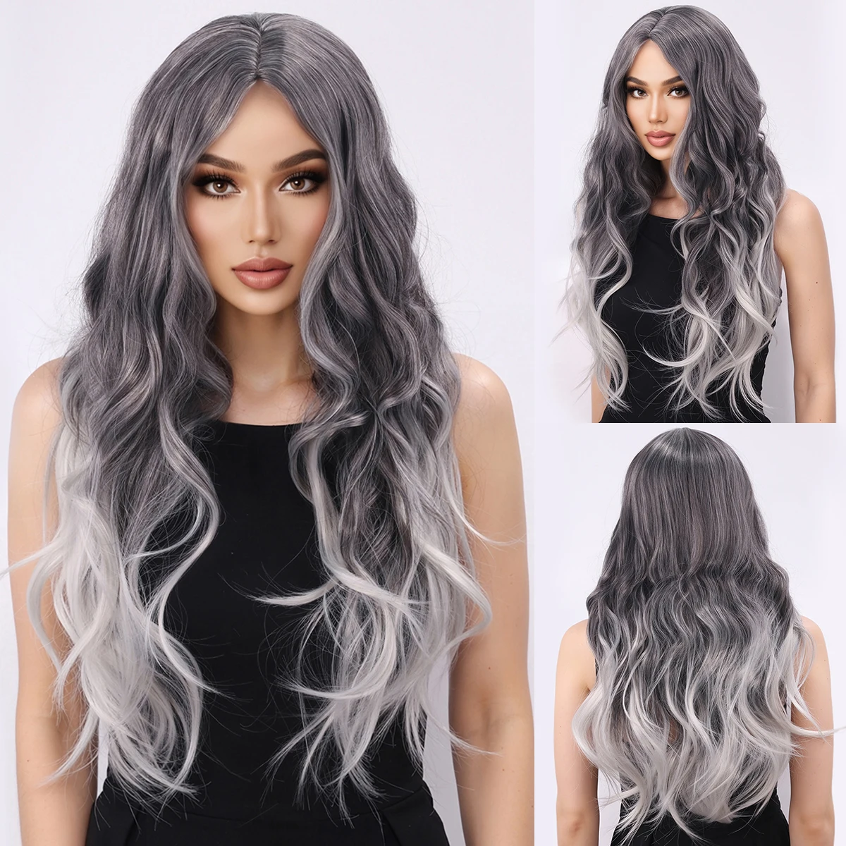 Cross border new wig, women's long hair gray white gradient big wave mid split full head cover-Synthetic fiber wig
Cross border new wig, women's long hair gray white gradient big wave mid split full head cover-Synthetic fiber wig