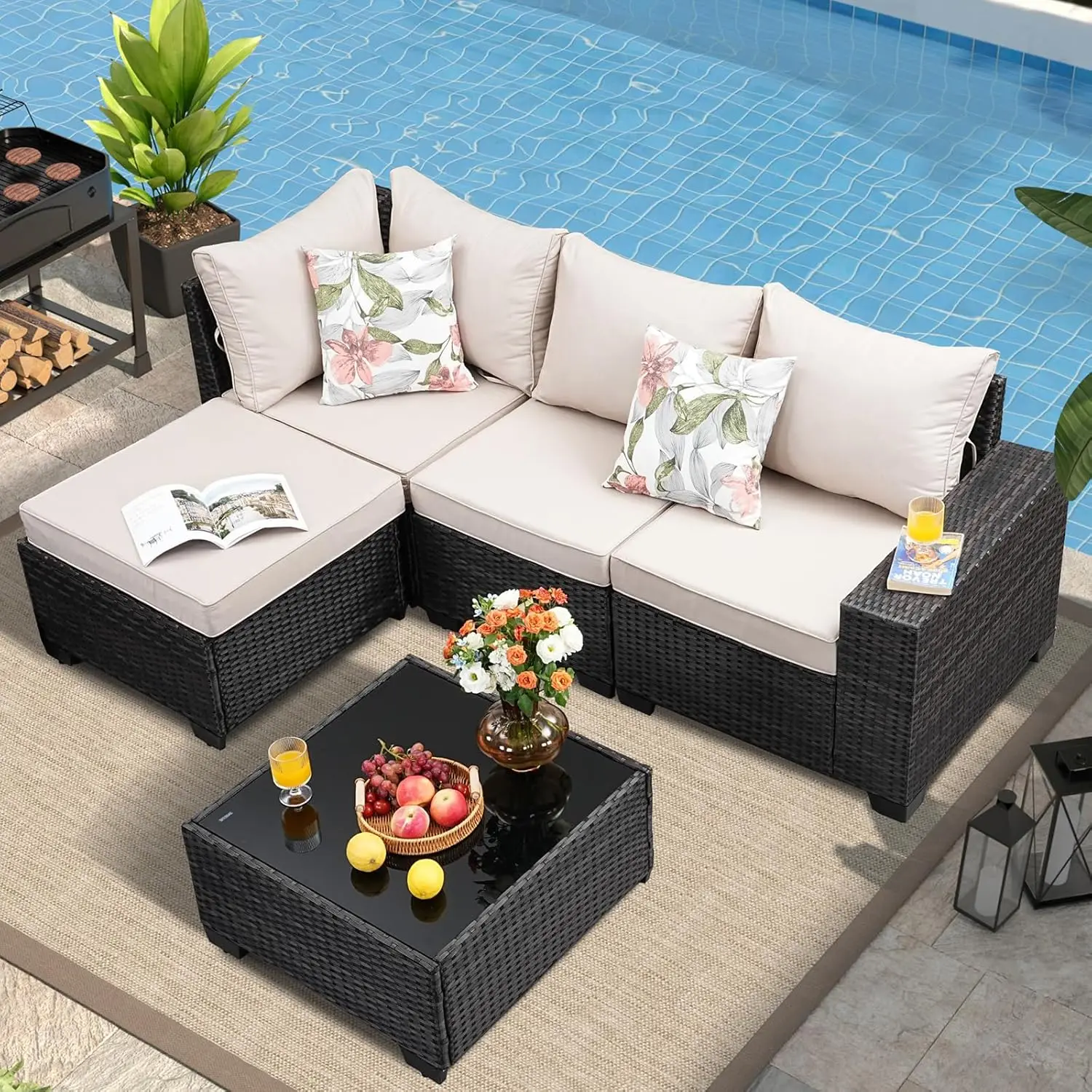 5 Pieces Outdoor Patio Furniture Set, Wicker Conversation Sets with Tea Table, Rattan Patio Sofa with Thick Cushions for Garden, 
5 Pieces Outdoor Patio Furniture Set, Wicker Conversation Sets with Tea Table, Rattan Patio Sofa with Thick Cushions for Garden,