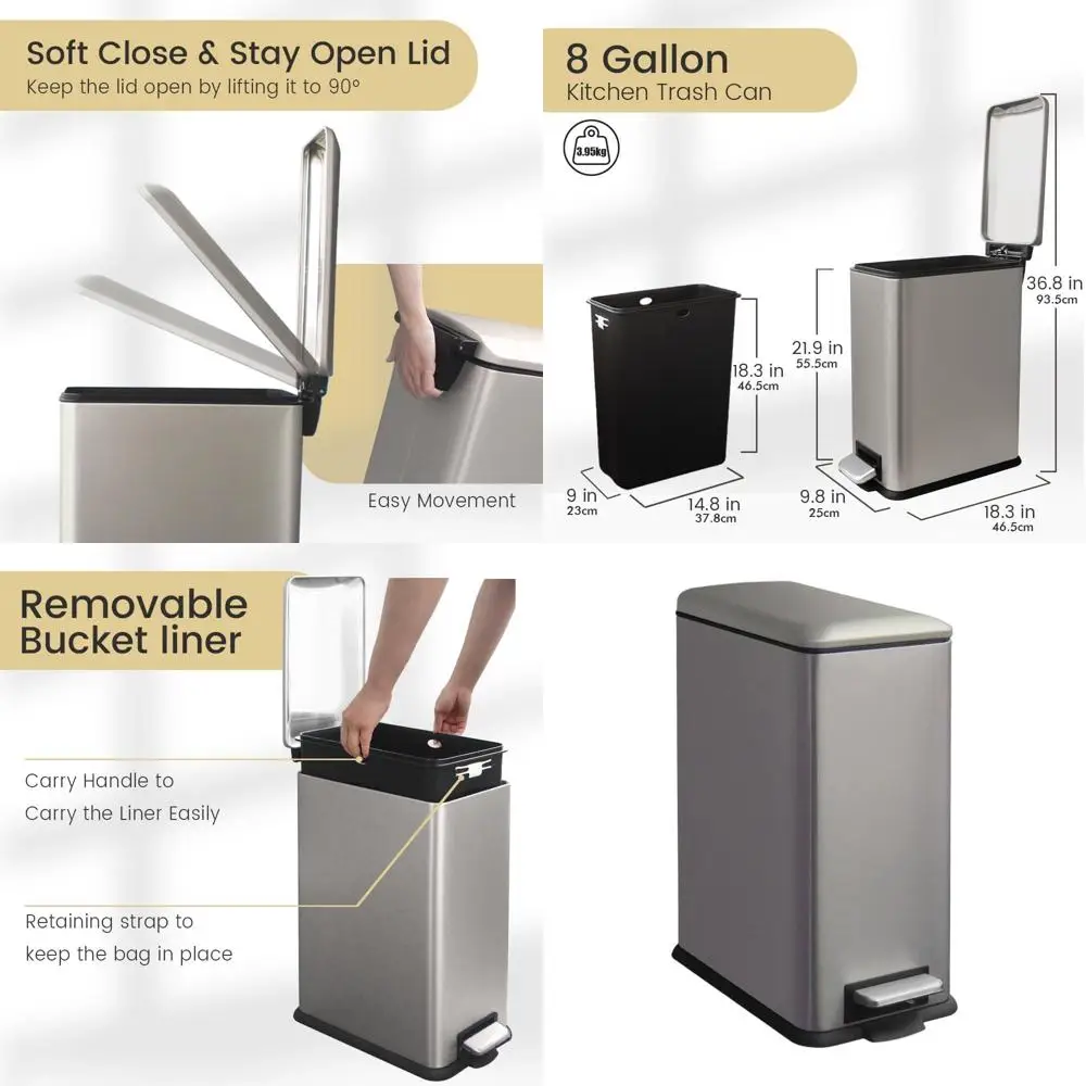 8 Gallon Step-On Stainless Steel Trash Can with Lid, Removable Inner Bucket, and Bag Tuck for Kitchen, Office, and Bathroom Use
8 Gallon Step-On Stainless Steel Trash Can with Lid, Removable Inner Bucket, and Bag Tuck for Kitchen, Office, and Bathroom Use
