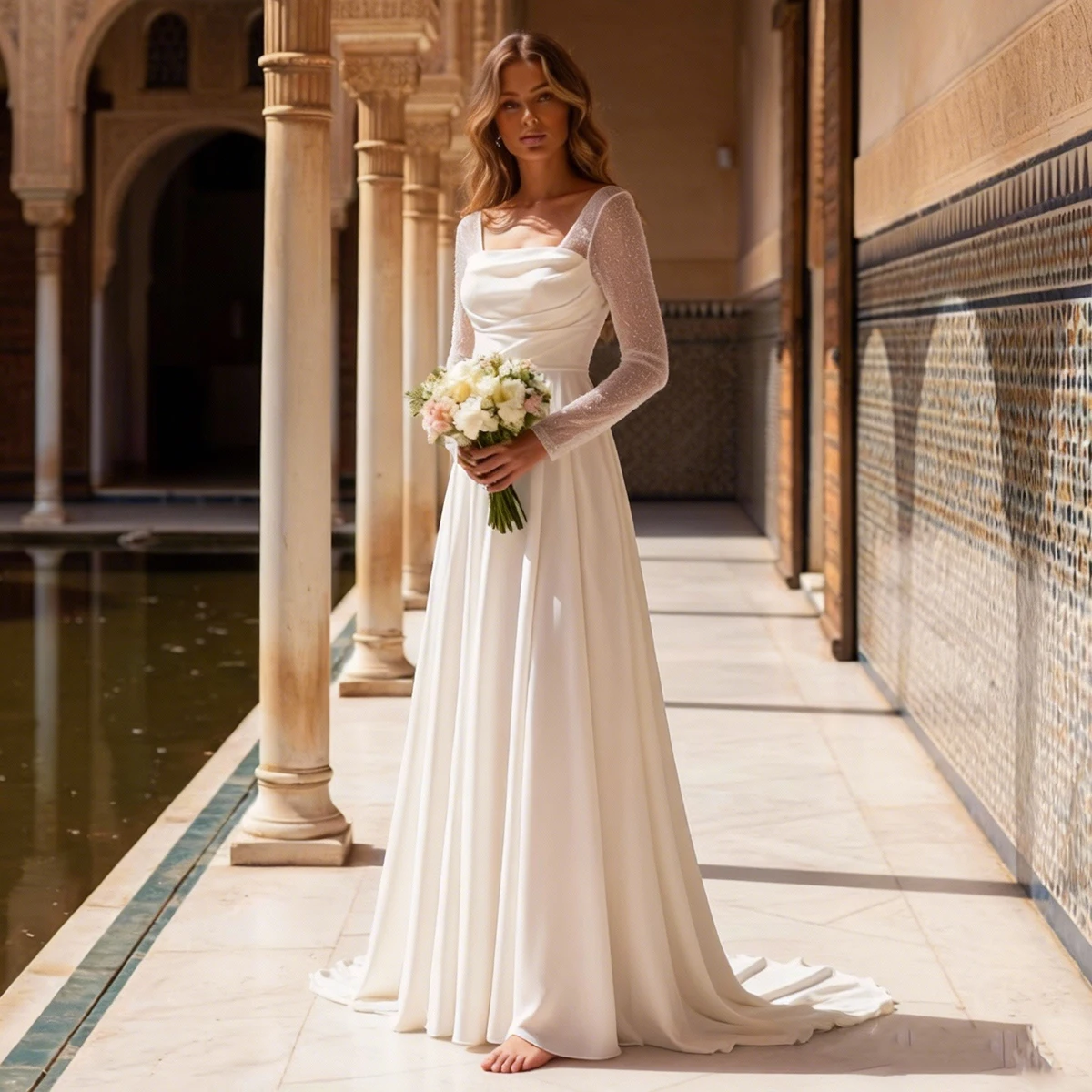 Elegant Satin Wedding Dress Long Sleeve A Line Bridal Gown With Slit Pleated Lace Ball Gown For Women Vestidos Novia
Elegant Satin Wedding Dress Long Sleeve A Line Bridal Gown With Slit Pleated Lace Ball Gown For Women Vestidos Novia