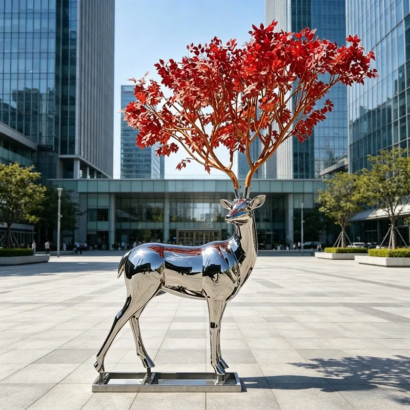 Mirror Polished Stainless Steel Deer Sculpture With Red Maple Leaf Antlers Custom Outdoor Villa Lawn Garden Landscape Display
Mirror Polished Stainless Steel Deer Sculpture With Red Maple Leaf Antlers Custom Outdoor Villa Lawn Garden Landscape Display