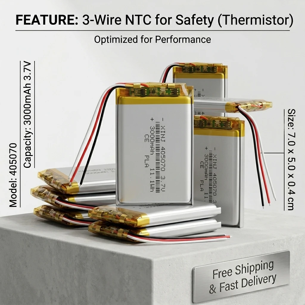 3.7V 3000mAh 405070 Lipo Battery 11.1Wh Rechargeable Li-Polymer with NTC Thermistor 3 Wires for Tablet PC PAD MID GPS LED Light
3.7V 3000mAh 405070 Lipo Battery 11.1Wh Rechargeable Li-Polymer with NTC Thermistor 3 Wires for Tablet PC PAD MID GPS LED Light