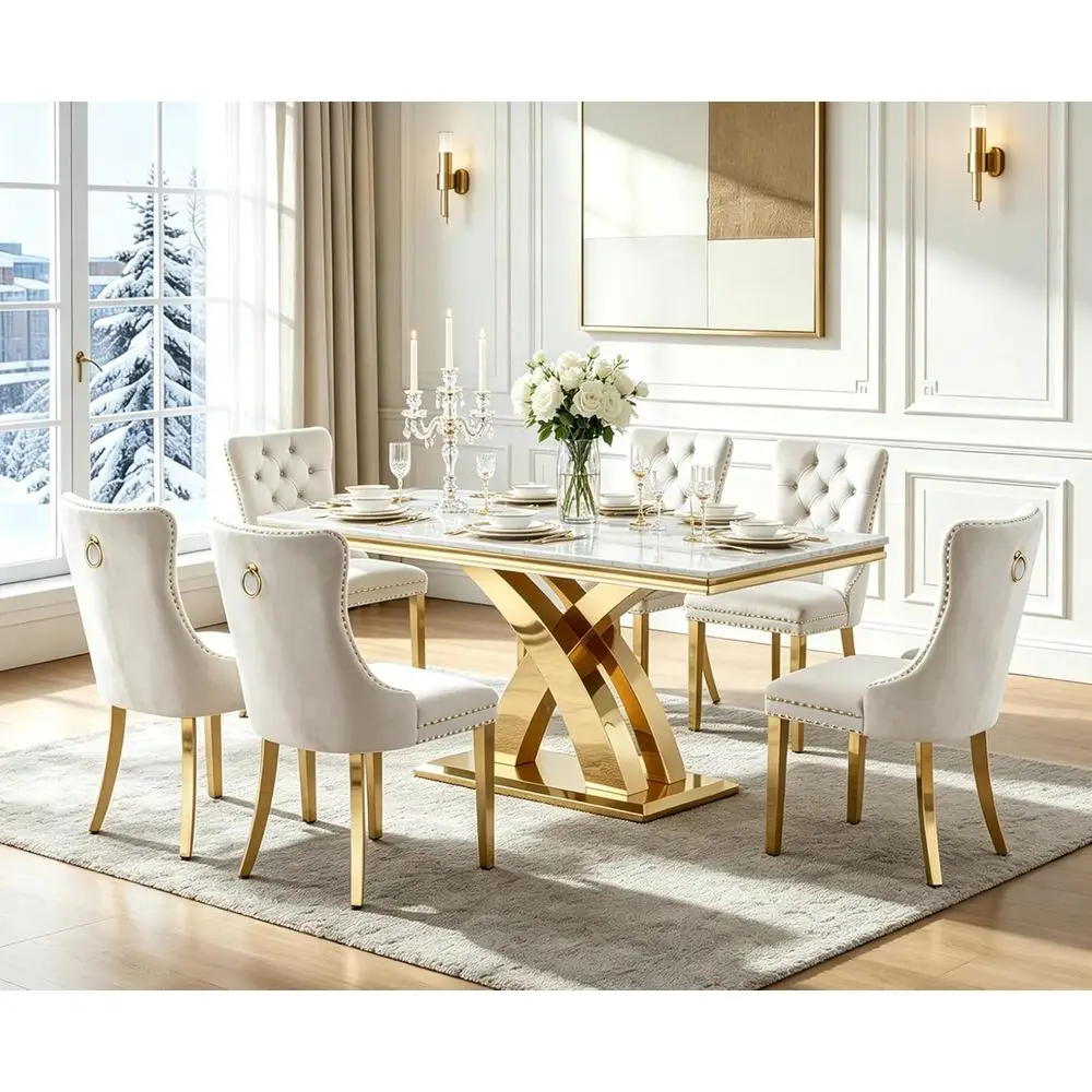 7-Piece Dining Set with 6 Beige Chairs, 68 Marble-Look White & Gold Table
7-Piece Dining Set with 6 Beige Chairs, 68 Marble-Look White & Gold Table