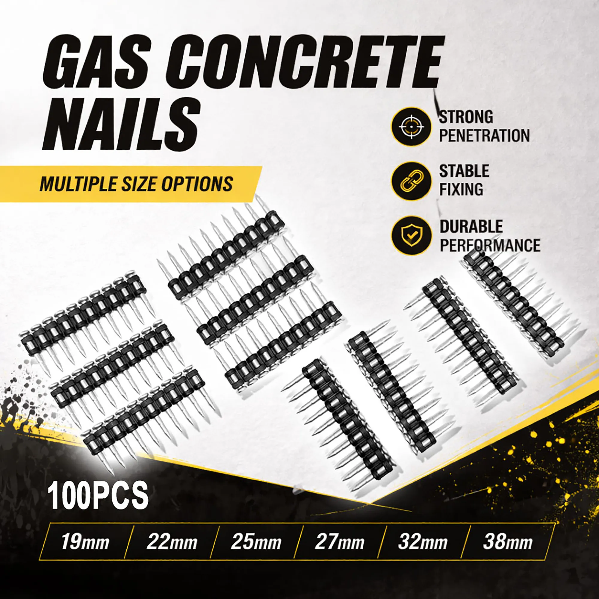 Concrete Gas Nail Pins 3.0mm High Carbon Steel Drive Pins 19-38mm Plastic Strip Collated Nails 100PCS For Cordless Nailer
Concrete Gas Nail Pins 3.0mm High Carbon Steel Drive Pins 19-38mm Plastic Strip Collated Nails 100PCS For Cordless Nailer