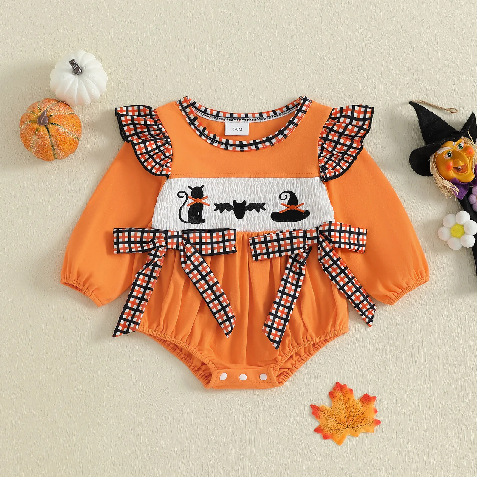 Baby Girl Halloween Bow Romper Black Cat/Ghost Embroidery Long Sleeve Round Neck Bubble Jumpsuit
Baby Girl Halloween Bow Romper Black Cat/Ghost Embroidery Long Sleeve Round Neck Bubble Jumpsuit