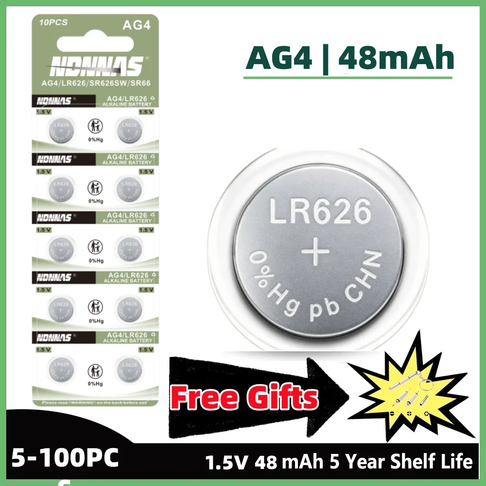 5-100Pcs AG4 48mAh LR626 SR626SW 1.5V Alkaline Coin Cell Battery For Watch Car Key Fob Remote Clock Mini Electronic Equipment
5-100Pcs AG4 48mAh LR626 SR626SW 1.5V Alkaline Coin Cell Battery For Watch Car Key Fob Remote Clock Mini Electronic Equipment