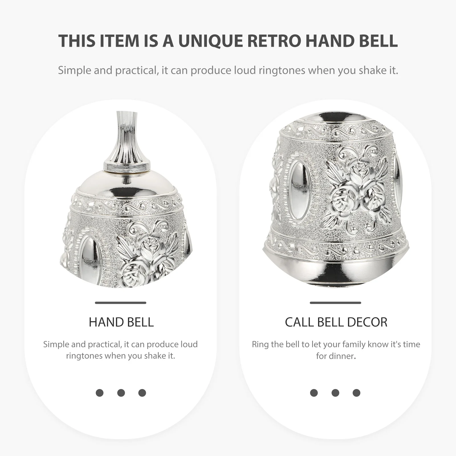 1Pcs Zinc Alloy Hand Bell for Restaurant Bar Dinner Bell Silver Retro Style Metal Dinner Bells Call Bells
1Pcs Zinc Alloy Hand Bell for Restaurant Bar Dinner Bell Silver Retro Style Metal Dinner Bells Call Bells