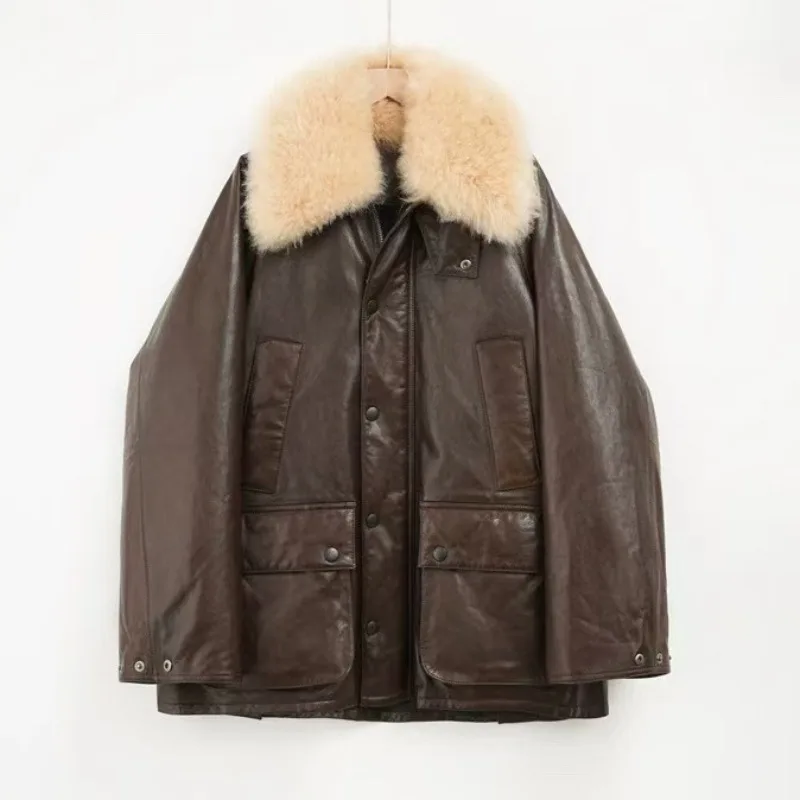 Genuine Leather Coat Winter Oil Wax Vegetable Sheepskin Lamb Wool Collar Casual Goose Down Puffer Overcoat
Genuine Leather Coat Winter Oil Wax Vegetable Sheepskin Lamb Wool Collar Casual Goose Down Puffer Overcoat