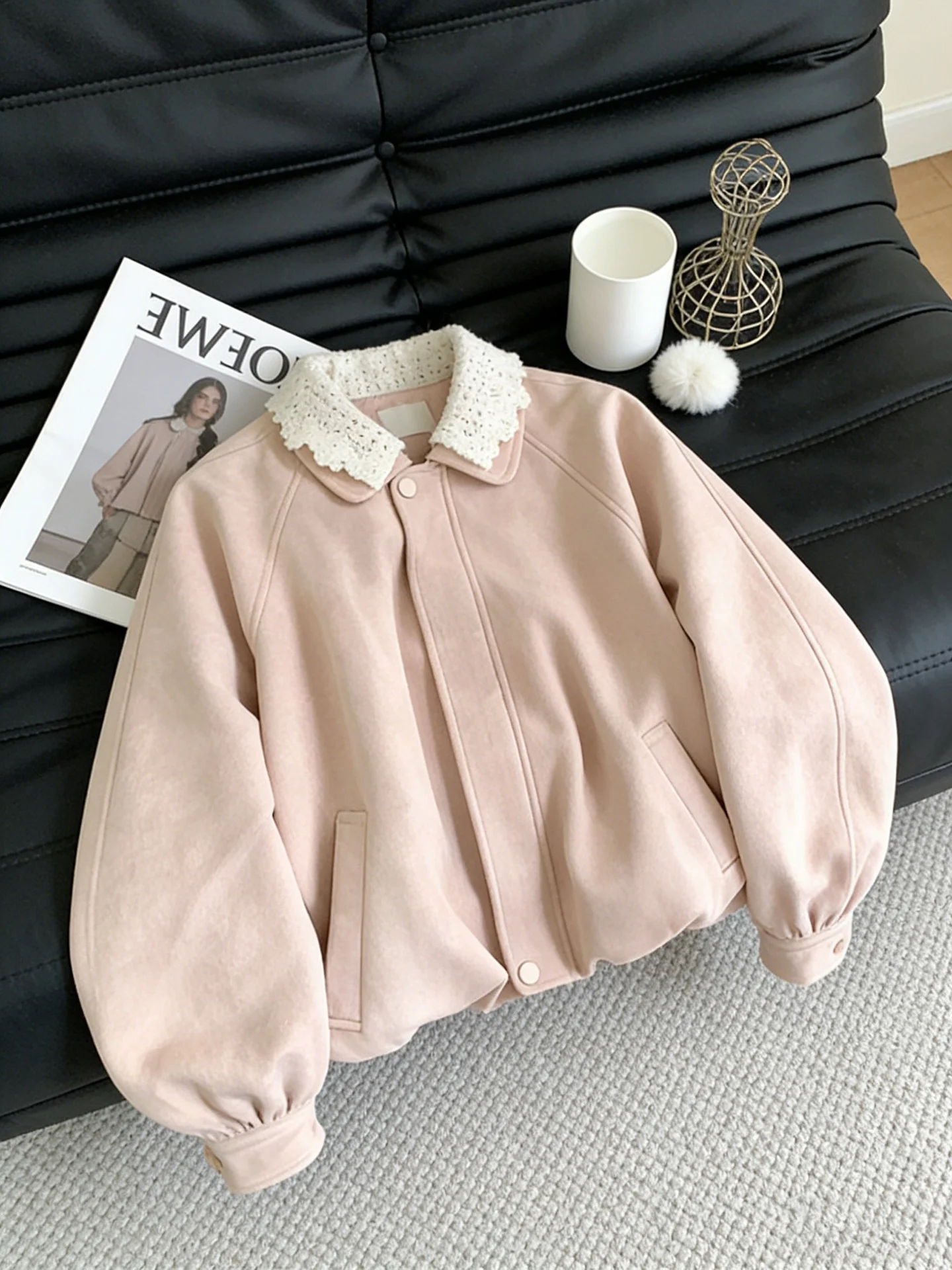 Korean Sle Sweet Collar Suede Bouffant Coat Women's Spring Small Size Pink Bud Jaet Top Commute Sle Stand Version
Korean Sle Sweet Collar Suede Bouffant Coat Women's Spring Small Size Pink Bud Jaet Top Commute Sle Stand Version
