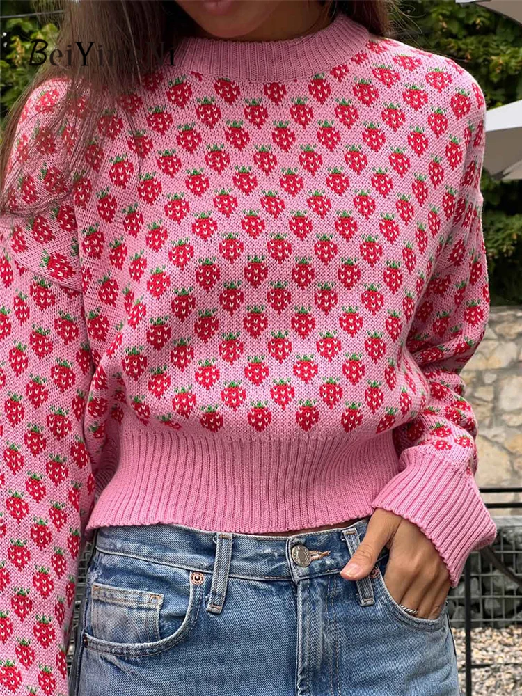 Beiyingni Women's O-neck Sweaters Strawberry Jacquard Casual Sweet Full Sleeve Knitted Cropped Top Lady Kawaii Fall Sweater Pull
Beiyingni Women's O-neck Sweaters Strawberry Jacquard Casual Sweet Full Sleeve Knitted Cropped Top Lady Kawaii Fall Sweater Pull