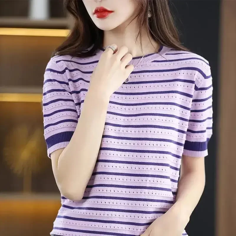 Summer Women Vintage Striped T-Shirt Korean All-match Hollow Out Fashion Short Sleeve O-Neck Loose Casual Knitted Pullover Tops
Summer Women Vintage Striped T-Shirt Korean All-match Hollow Out Fashion Short Sleeve O-Neck Loose Casual Knitted Pullover Tops