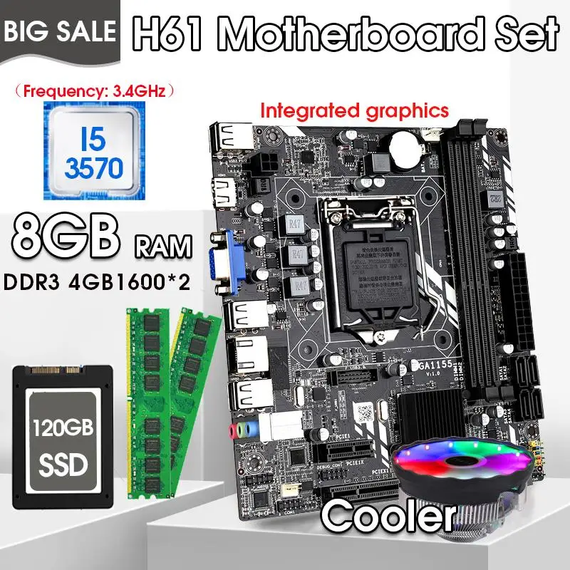 Комплект материнской платы H61 LGA 1155 с процессором I5 3570 и DDR3 4 Гб * 2 шт. = 8 ГБ ОЗУ для ПК, 1600 МГц память, вентилятор ЦП, 120G SATA SSD
Комплект материнской платы H61 LGA 1155 с процессором I5 3570 и DDR3 4 Гб * 2 шт. = 8 ГБ ОЗУ для ПК, 1600 МГц память, вентилятор ЦП, 120G SATA SSD