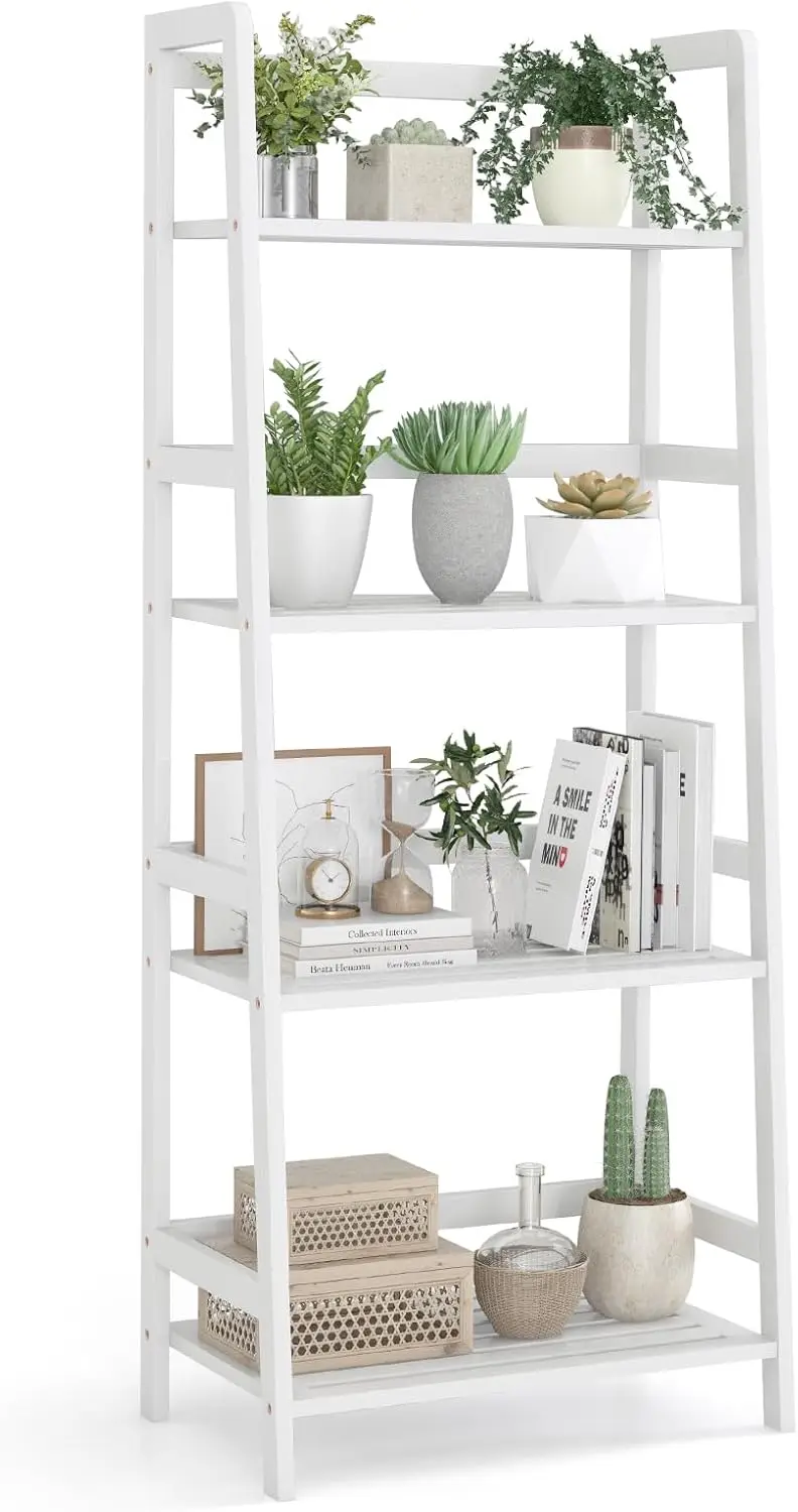 4-Tier White Ladder Shelf, Bamboo Open Bookcase Book Shelf With Storage, 47.5"" Freestanding Display Shelving Unit Plant Stand 
4-Tier White Ladder Shelf, Bamboo Open Bookcase Book Shelf With Storage, 47.5"" Freestanding Display Shelving Unit Plant Stand