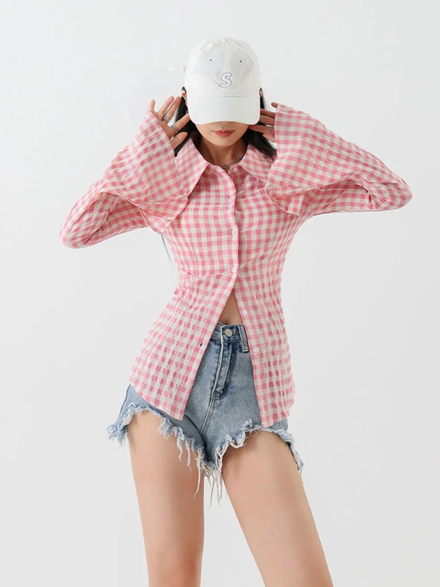 Pink Plaid Women's Shirt Slim Fit Long Sleeve Waist-Cinching Design Spring Autumn Sexy Elegant Top Collar Button Detail
Pink Plaid Women's Shirt Slim Fit Long Sleeve Waist-Cinching Design Spring Autumn Sexy Elegant Top Collar Button Detail