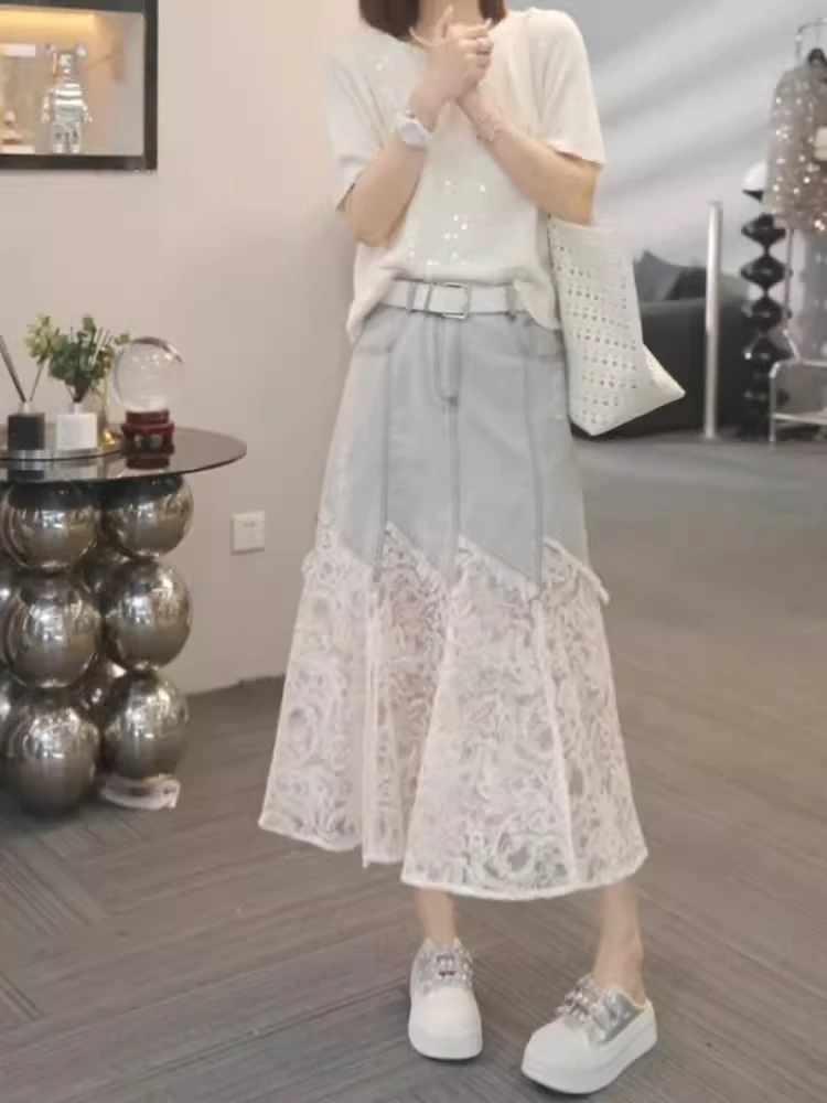 High Waist Lace Paneling A-Line Long Skirt Women's Summer Pleated Slimming Hip Concealing Drapey Denim Skirt Korean Style
High Waist Lace Paneling A-Line Long Skirt Women's Summer Pleated Slimming Hip Concealing Drapey Denim Skirt Korean Style