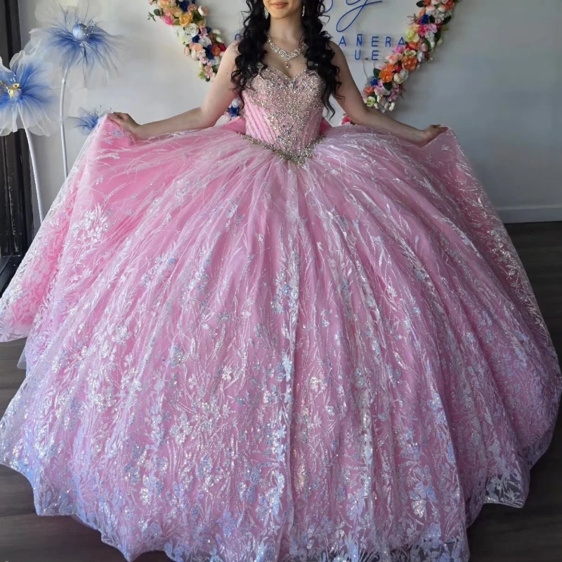 Pink Shiny Quinceanera Dresses Ball Gown Off The Shoulder Sequin Applique Lace Beads Bow Tull Party Birthday Sweet 16 Vestidos15
Pink Shiny Quinceanera Dresses Ball Gown Off The Shoulder Sequin Applique Lace Beads Bow Tull Party Birthday Sweet 16 Vestidos15