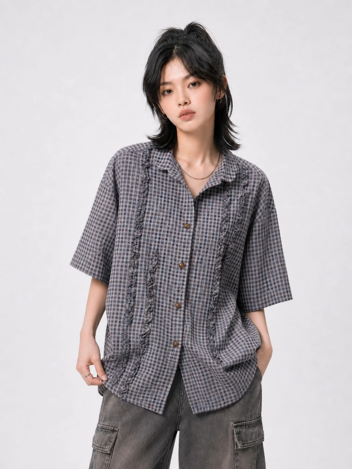 Blue Plaid Ruffle Sleeve Short Shirt Casual Summer Design Korean Lazy Artistic Retro Top for Men And Women Breathable Skin-Fr...
Blue Plaid Ruffle Sleeve Short Shirt Casual Summer Design Korean Lazy Artistic Retro Top for Men And Women Breathable Skin-Fr...