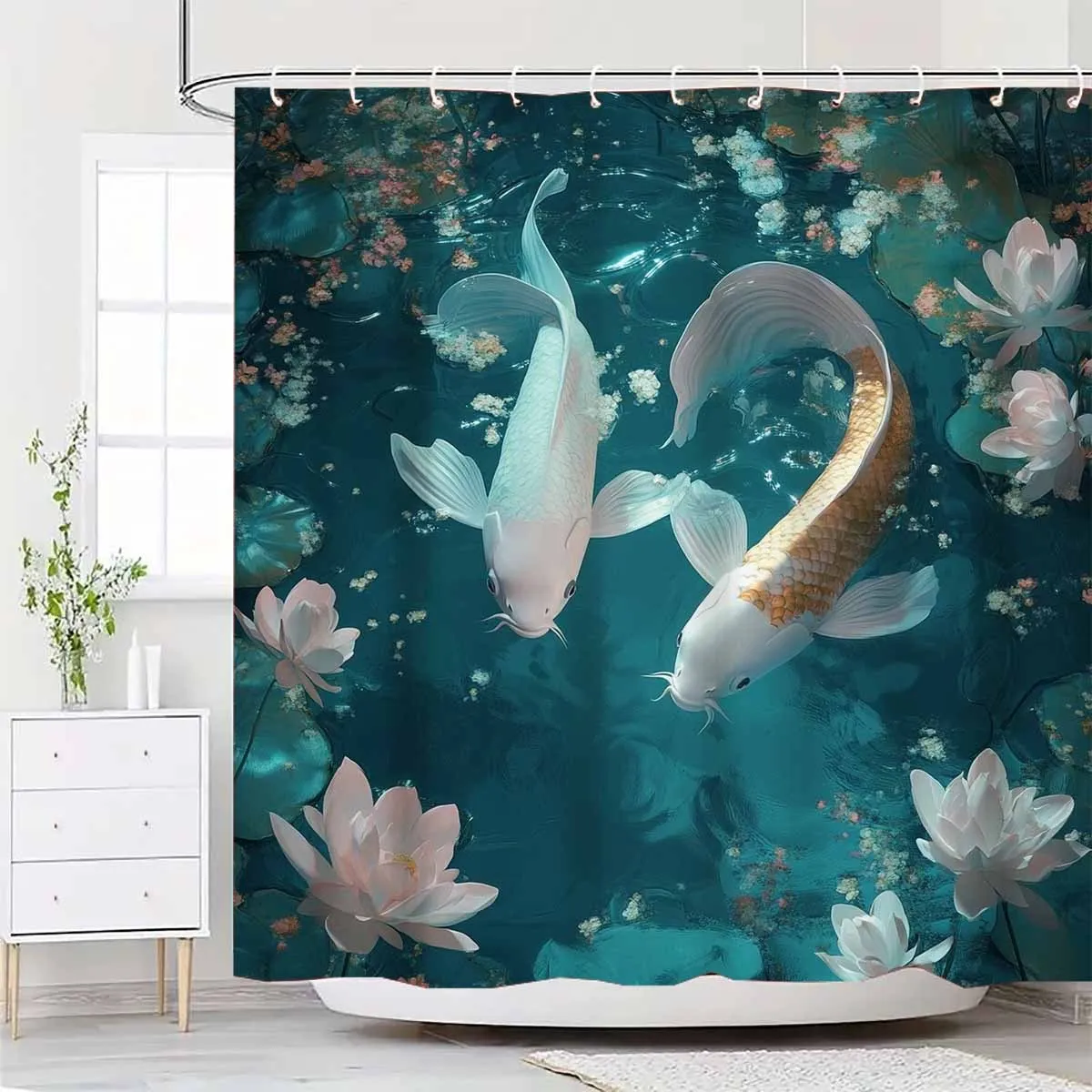 Нежная занавеска для душа с рельефным рисунком плавания кои в пруду лотоса — в комплект входит 12 крючков, машинная стирка. 
Нежная занавеска для душа с рельефным рисунком плавания кои в пруду лотоса — в комплект входит 12 крючков, машинная стирка.