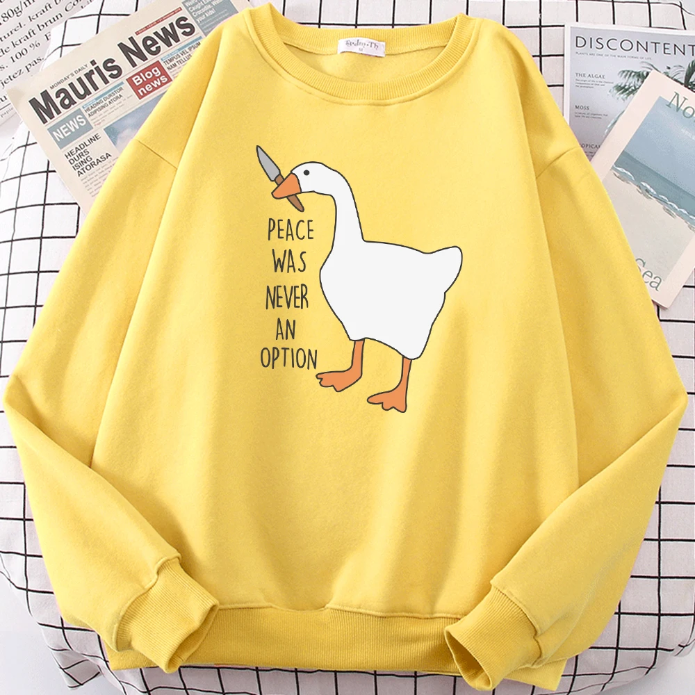 Peace Was Never An Opiton Cartoon Duck With Knife Pattern Women Pullover 0-Neck Sweatshirt Hip Hop Soft Clothes Fleece Top
Peace Was Never An Opiton Cartoon Duck With Knife Pattern Women Pullover 0-Neck Sweatshirt Hip Hop Soft Clothes Fleece Top