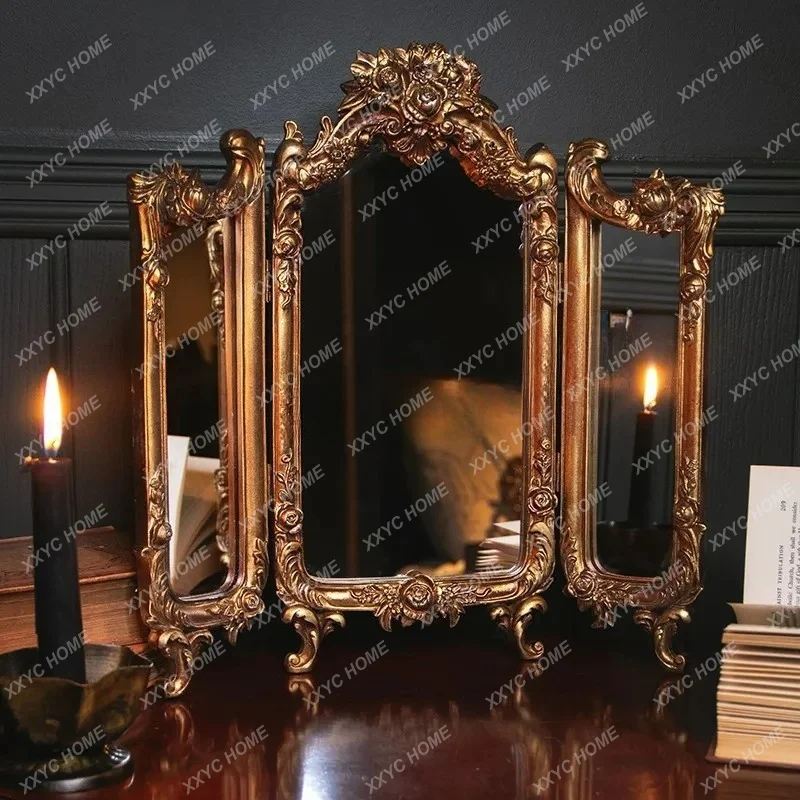 L Retro Three-Sided Folding Bathroom Makeup Mirror American Desktop Carved Folding Mirror
L Retro Three-Sided Folding Bathroom Makeup Mirror American Desktop Carved Folding Mirror