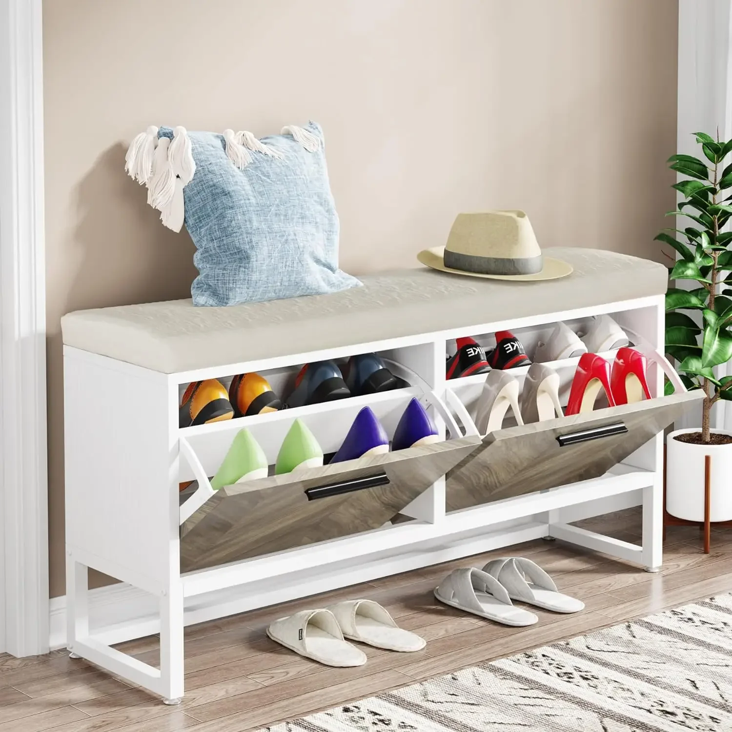 Shoe Storage Bench with Seat Cushion, Entryway Shoe Bench with 2 Flip Drawers, Hallway Bench with Shoe Storage Cabinet
Shoe Storage Bench with Seat Cushion, Entryway Shoe Bench with 2 Flip Drawers, Hallway Bench with Shoe Storage Cabinet