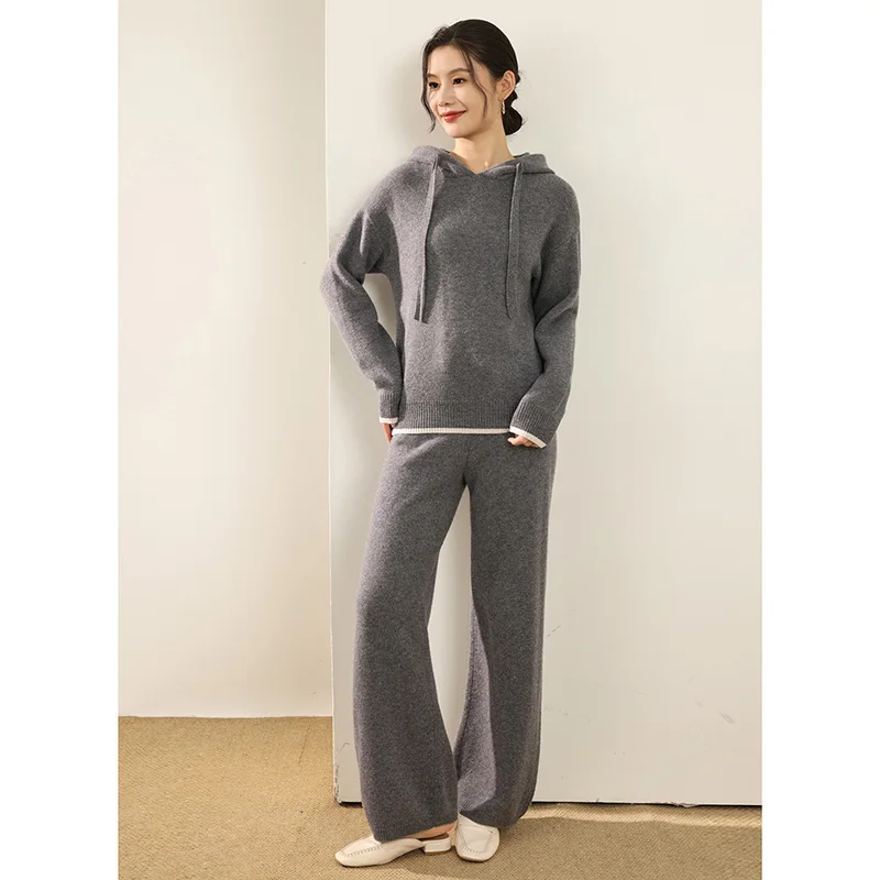 Women's Casual Set 100% Merino Wool Knitwear Hooded Contrast Sweater Tops Drawstring Pants Soft Warm Chic Exquisite Basic Bottom 
Women's Casual Set 100% Merino Wool Knitwear Hooded Contrast Sweater Tops Drawstring Pants Soft Warm Chic Exquisite Basic Bottom