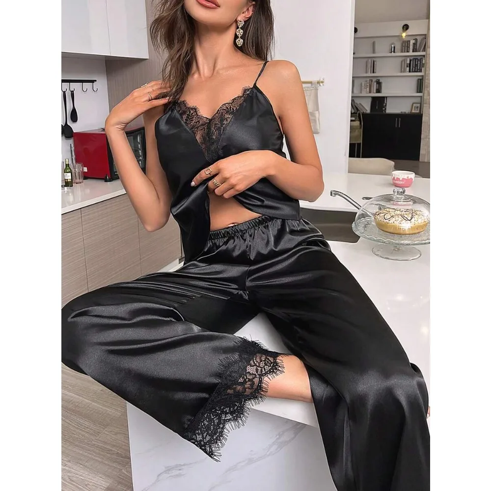 Eyelash Lace Panel Satin Cami Top & Pants PJ Set / Pajama Set
Eyelash Lace Panel Satin Cami Top & Pants PJ Set / Pajama Set