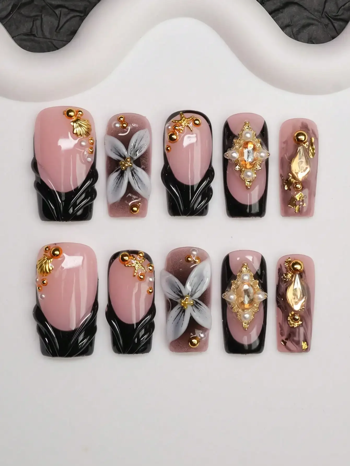 10pcs Square Shaped Handmade Nail Tips, Y2K Baddie Style, Nude & Black Color With French Edge, Carved, Beads, Shells, Rhinestones, Starfish Decor, Handcrafted Nail Art, Suitable For Women And Girls, Glitter Nails For Party, Wedding, Daily Wear, Includes T
10pcs Square Shaped Handmade Nail Tips, Y2K Baddie Style, Nude & Black Color With French Edge, Carved, Beads, Shells, Rhinestones, Starfish Decor, Handcrafted Nail Art, Suitable For Women And Girls, Glitter Nails For Party, Wedding, Daily Wear, Includes T