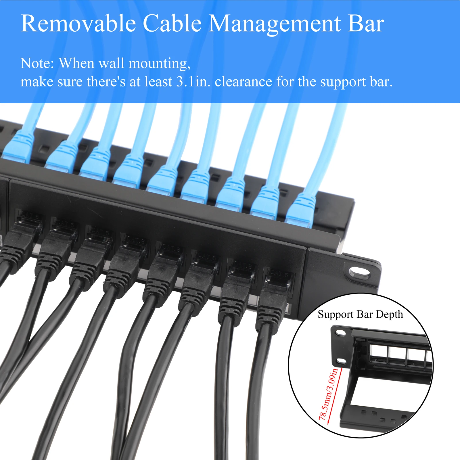 19-Inch Patch Panel 1U/2U 24/48 Port Cat6 RJ45 Coupler with Inline Keystone Patch Panel Removable Back Bar Distribution Frame