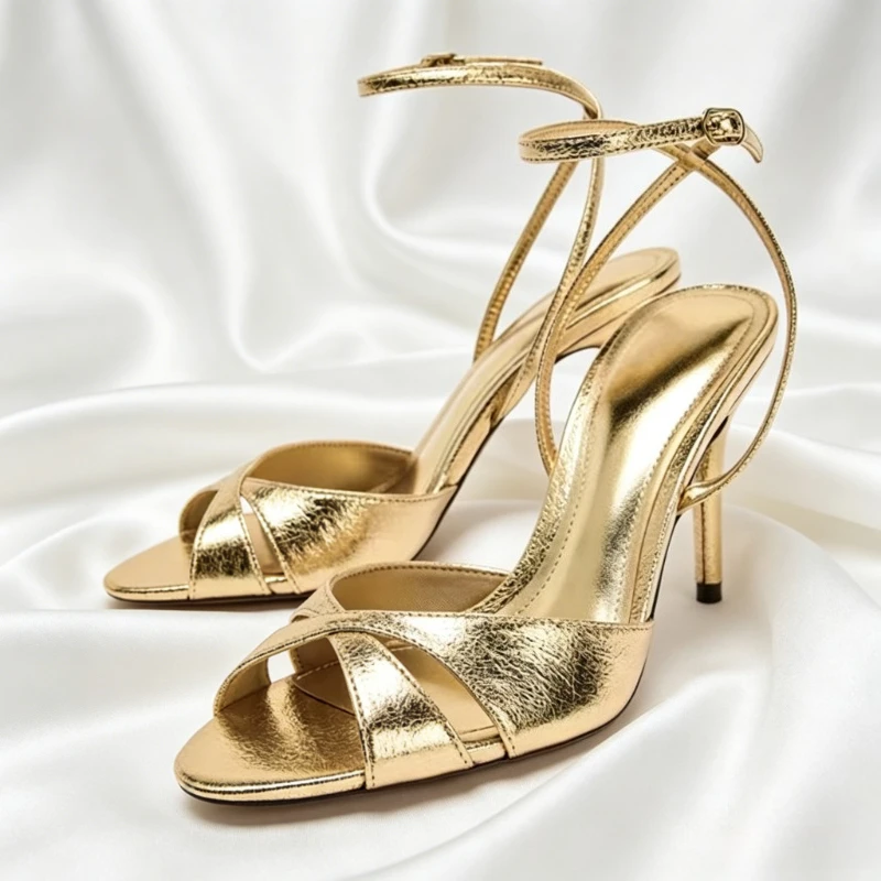 Fashion Cross Tied Gold Heeled Sandals Women Sexy Open-Toe Ankle Strap Buckle Heels Luxury Brand Designer Shoes Sandalias Mujer
Fashion Cross Tied Gold Heeled Sandals Women Sexy Open-Toe Ankle Strap Buckle Heels Luxury Brand Designer Shoes Sandalias Mujer
